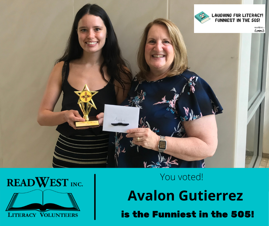 Avalon Gutierrez holds her trophy as winner of the Funniest in the 505 as Executive Director Muncie Hansen presents her with an envelope.